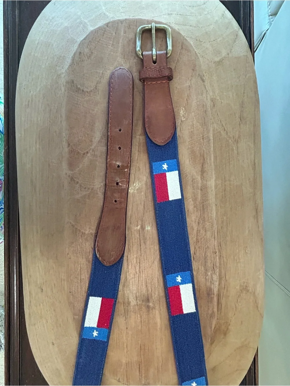 Smathers & Branson Needlepoint and Leather Texas Flag Belt
